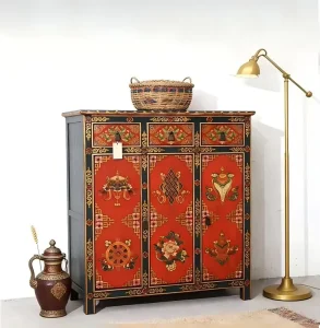 Chinese Retro Distressed Wooden Entry Cabinet with 3 Doors 3 Drawers Hand Painted Tibetan Sideboard