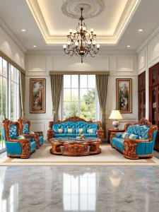 Chinese Style European Style Genuine Leather Villa Sofa Set with Solid Wood Legs Carved Top Grain Leather for Hotel Use