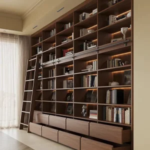 Chinese Style Full Wall Bookcase Made of Walnut Wood with Library Ladder Furniture Bookshelf for Home Office Room