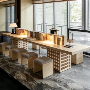 Chinese Style Log Minimalist Long Desk for Libraries Student Study Library Table Multi Person Reading Table for Tea Room