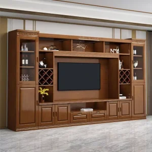 Chinese Style Solid Wood Carved TV Wall Classic Solid Wood TV Wall Unit with Display and Wine Storage Cabinet