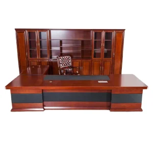 Chinese Traditional Large President Office Desk Stainless Steel Panel Wood Extendable Boss Chairman’s Desk Commercial Use