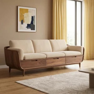 Chinese Wooden Luxury Modern Sofa with Sponge Filling In Line Drawer Storage for Villa Living Room and Hotel Apartments