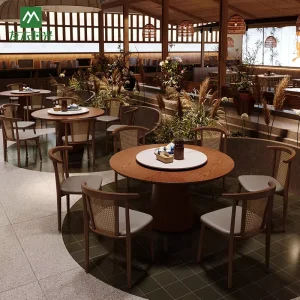 Chinese style Eco Friendly Durable Traditional Design Restaurant Solid Wood Rattan Dining Chairs Table Sets for Hot Restaurants