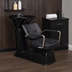 Classic Black Shampoo Chair with Ceramic Basin and Chrome Armrests Hair Washing Unit for Salon and Barbershop