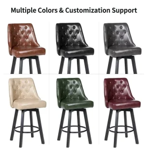 Classic Brown Faux Leather Bar Chair Button Tufted Metal Legs Footrest Ring Counter Height Stool for Home Kitchen Dining