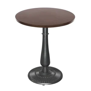Classic Industrial Wooden Round Side Table with Sunburst Carved Heavy Cast Iron Base for Coffee Shop Layouts