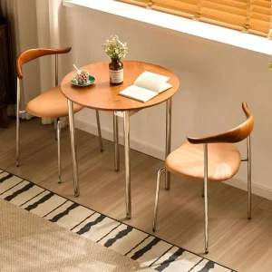 Classic Minimalist Solid Wood Round Dining Table Set with Metal Legs Waterproof Durable Eco Friendly 4 Seater for Cafe Bistro