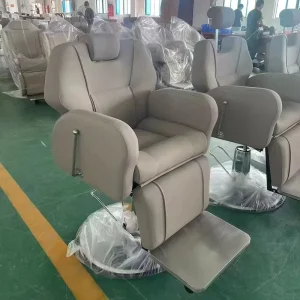 Classic Modern Ergonomic Height Adjustable Rotating Premium Men’s Barber Chairs Beige Heavy Duty Stainless Steel Leather Seat