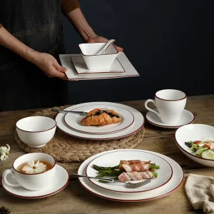 Classic Red Trim Ceramic Dinnerware Set White Dishware for Home Cafe Hotel Western Meal Breakfast Food Serving Use
