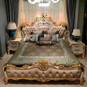 Classic Solid Wood Leather Upholstered Double Bed Italian Luxury Carved French High Headboard King Bed Bedroom Furniture Set