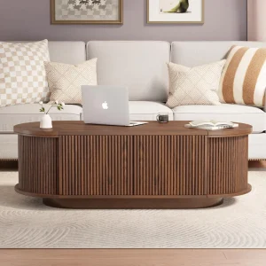 Classic Wooden Coffee Table Walnut Curved Oval Top Tapered Leg Base Mid Century Accent Piece Living Room Center Furniture Set