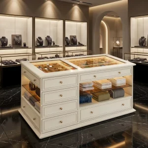 Classical French Cream Jewelry Display Cabinet Dual LED Glass Top Showcase Multi Drawer Retail Counter Wooden Tray Organizer