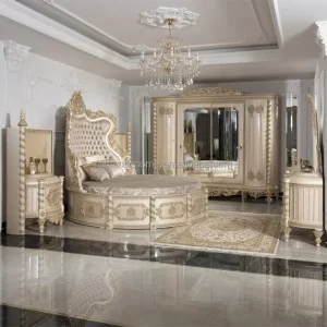Classical Luxury Gilded Bedroom Furniture Set French Baroque Tufted Satin Bedstead with Armoire Nightstand for Hotel