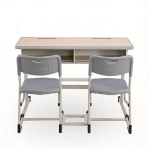 Classroom Special Double Desk and Chair Set Solid Wood Long Desk Separated Drawers Integrated Chair Design with Pen groove