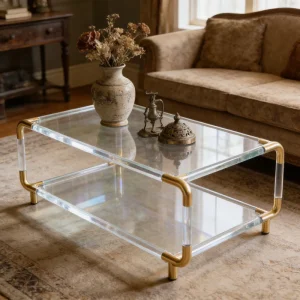 Clear Acrylic Custom Modern Coffee Table Gold Brass Legs Foldable Design 51”x27.5”x17.8” Living Room Furniture Home