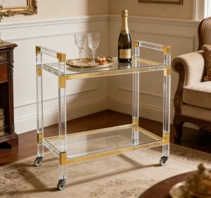 Clear Acrylic Mirror Modern Hotel Kitchen Home Bar Serving Cart with Gold Silver Color and 4 Swivel TPR Castors