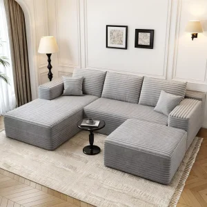 Cloud Modular U Shaped Sectional Sofa Set with Ottoman High Density Sponge Cushion Corduroy Fabric Minimalist Design