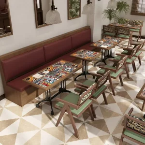 Coffee Shop Complete Dining Mosaic Surface Table Wall Bench Booth Pattern Backrest Dining Chairs for Food Service Business