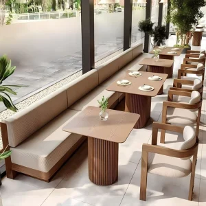 Coffee Shop Furniture Set Fabric Banquette Booth Seating Sofa with Square Wooden Tables and Chairs for Restaurants Projects