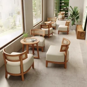 Coffee Shop Meeting Table and Chair Sets Woven Rattan Solid Wood and Upholstered Leisure Furniture for Bubble Tea Shops