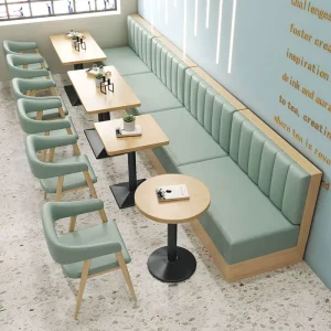 Coffee Shop Sofa Bench Commercial Cafe Green Banquette Booth Seating Furniture Wood Table and Chair Set for Hotel Restaurant