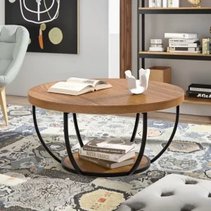 Coffee Table 31″ 2 Tier Storage Steel Frame Space Saving Wood Modern Living Room Home Furniture Easy Assembly Brown