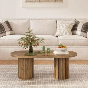 Coffee Table Farmhouse Wooden Coffee Table with Fluted Legs Mid Century Modern Accent Center Table