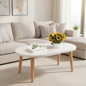 Coffee Table Japanese Design Solid Wood Legs 23.6″ Small Oval Space Saving Storage Living Room Furniture Lightweight