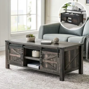 Coffee Table Sliding Lift with Concealed Storage Compartment and Adjustable Living Room Shelves Dark Rustic Oak