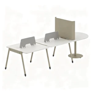 Collaborative Office Workstation 4 Person Desk with Round Meeting End Table for Team Discussion