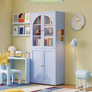 Colorful Bookcase with Glass Doors Children’s Bookshelf Metal Unit Suitable for Family Apartment Living Room