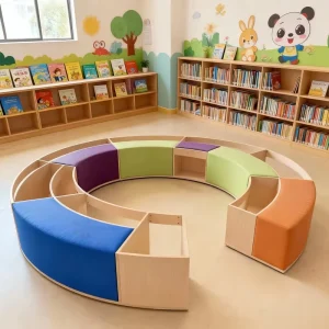 Colorful Curved Bookcase Freestanding Kids Reading Room Library Furniture Wooden Arc Shelf for Preschool Kindergarten