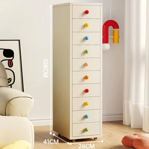 Colorful Steel Knob 10 Drawer Narrow Chest Filing Cabinet Commercial Bedroom Storage with Wheels