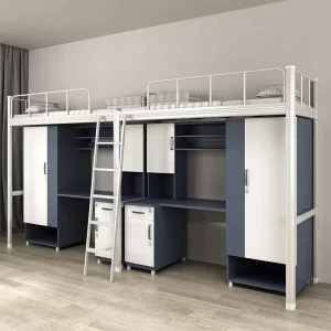 Combination Dormitory Bunk Bed with Desk Metal Frame Double-decker Design for College Students Modern Bedroom Commercial Use