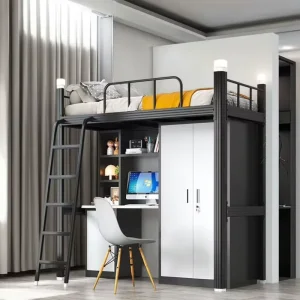 Combination Steel Overhead Bed with Lower Table for College Dormitory or Upper Staff Apartment Modern Design