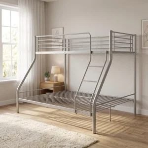 Comercial Grade Twin Over Full Bunk Bed Metal Frame Silver Heavy Duty Iron Bedstead for Kids Room School Dormitory Apartment