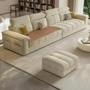 Comfort Chenille Fabric L Shape Sectional Sofa Set Reversible Summer Cool Mat Cushion Solid Wood Frame Living Room Ottoman