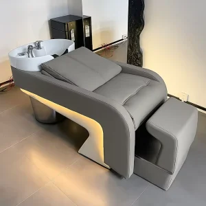 Comfortable Backwash Shampoo Station Chair Foot Pedal Ceramic Hair Wash Bowl Custom Leather Standing Shampoo Chair for Salon