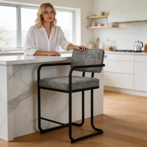 Comfortable Modern Linen Upholstered Bar Stool with Black Metal Frame Armrests Footrest for Commercial Outdoor Living Room Use