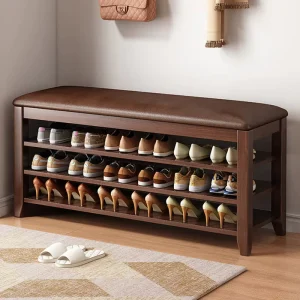 Comfortable Shoe Changing Stool Ottoman Home Entrance Bedroom Storage Bench Genuine Leather Contemporary Design Solid Wood