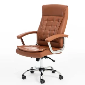 Comfortable Swivel Computer Desk Chair Brown Executive High Back Leather Office Chair with Fixed Armrests