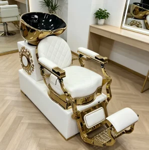 Comfortable White Leather Shampoo Chair Gold Frame Professional Hair Salon Wash Basin