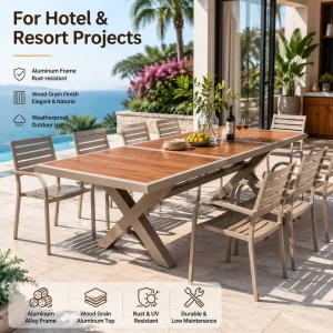 Commercial 180cm Extendable Modern Durable Outdoor Dining Table FLD2027 Aluminum Cross Leg Wood Grain Patio Table Hotel Resort