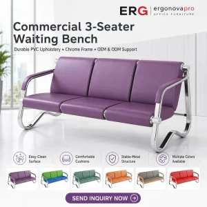 Commercial 3 Seater Waiting Bench PU Leather Public Seating Chair with Chrome Steel Frame for Airport Hospital Lobby