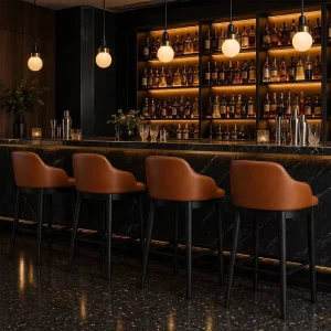 Commercial Ash Solid Wood Legs Bar Stool Leather Seat Upholstered Curved Back High Counter Bar Restaurant Chair Customizable OEM
