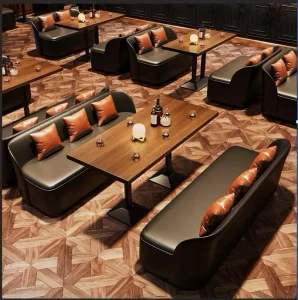 Commercial Bar Booth Sofa Table Set PU Leather Restaurant Booth Seating Dark Wood Dining Table Wine Bar Lounge Furniture