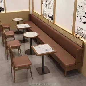 Commercial Cafe Wood Leather Restaurant Sofa Bench Booth Furniture Fast Food Rattan Dining Chair and Table Set Rock Beam