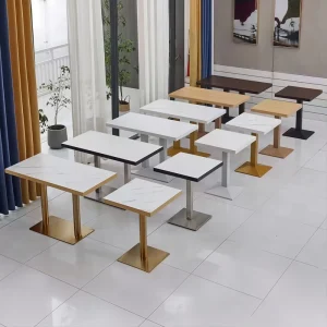 Commercial Catering White Black Artificial Marble Gold Stainless Steel Metal Base Plywood Dining Table for Restaurants bar Club