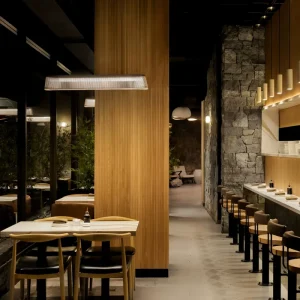 Commercial Deluxe Sushi Bar Wooden Chair Restaurant Black Metal Chair and Sintered Stone Table